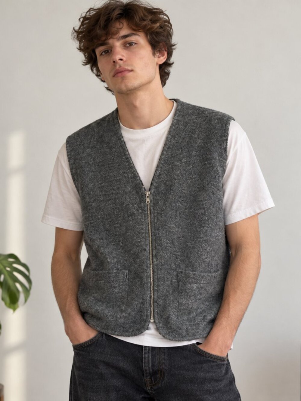 Le Collezioni Structure Vest Mens Gray Cotton Zip Front Sweater Vest Large